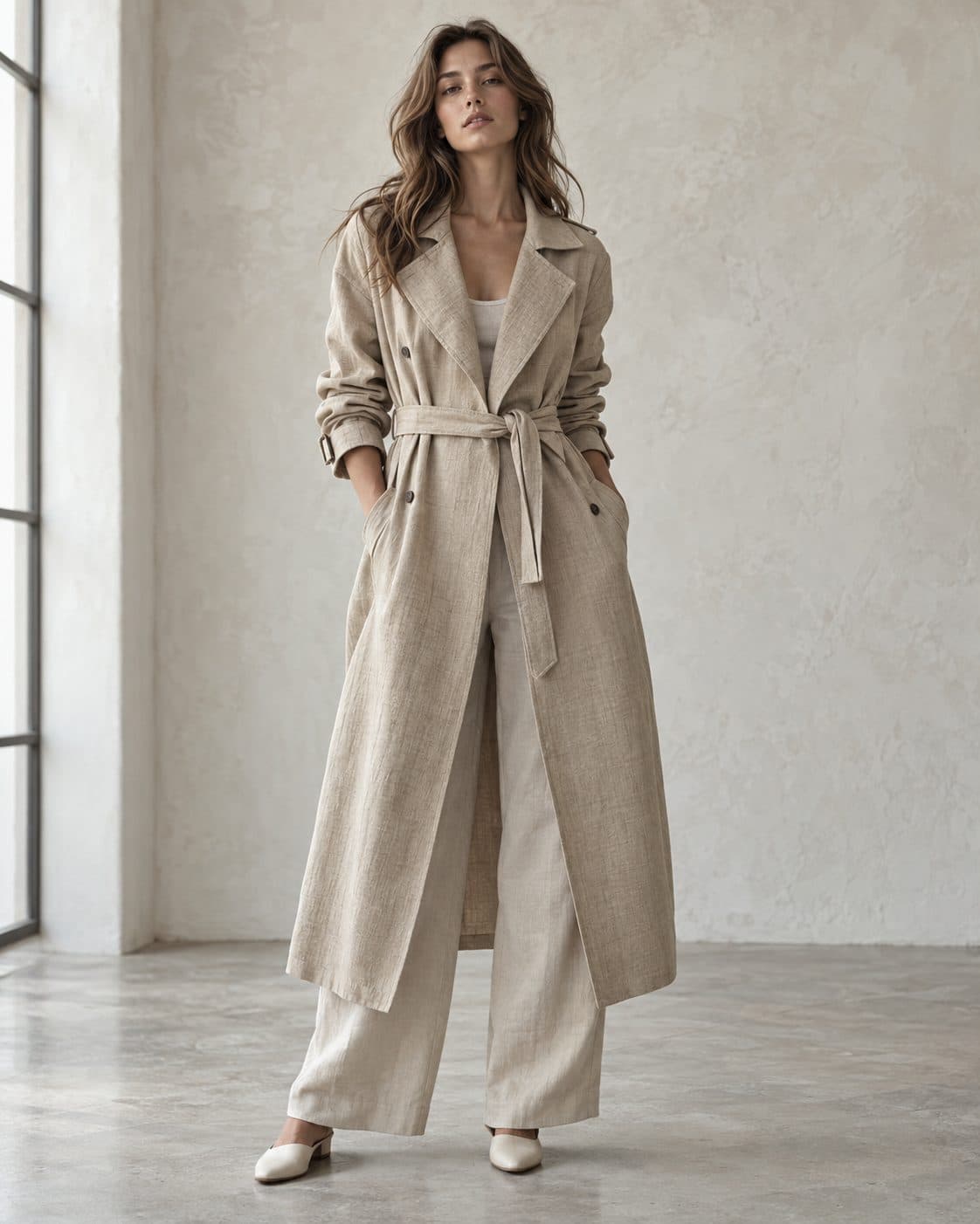 Model wearing the Atlas Linen Trench in sand